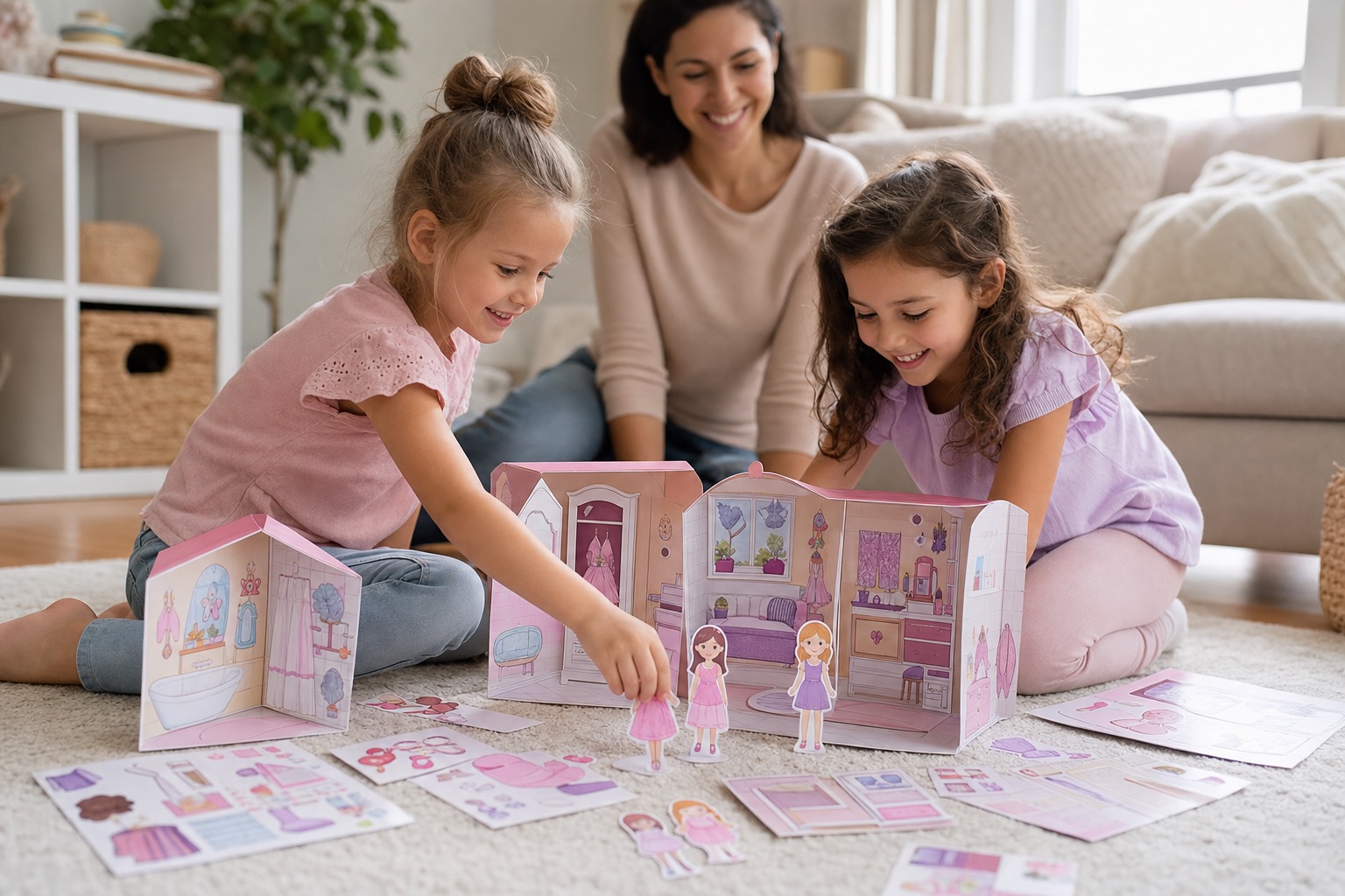 Crianças brincando com casinhas de papel em casa