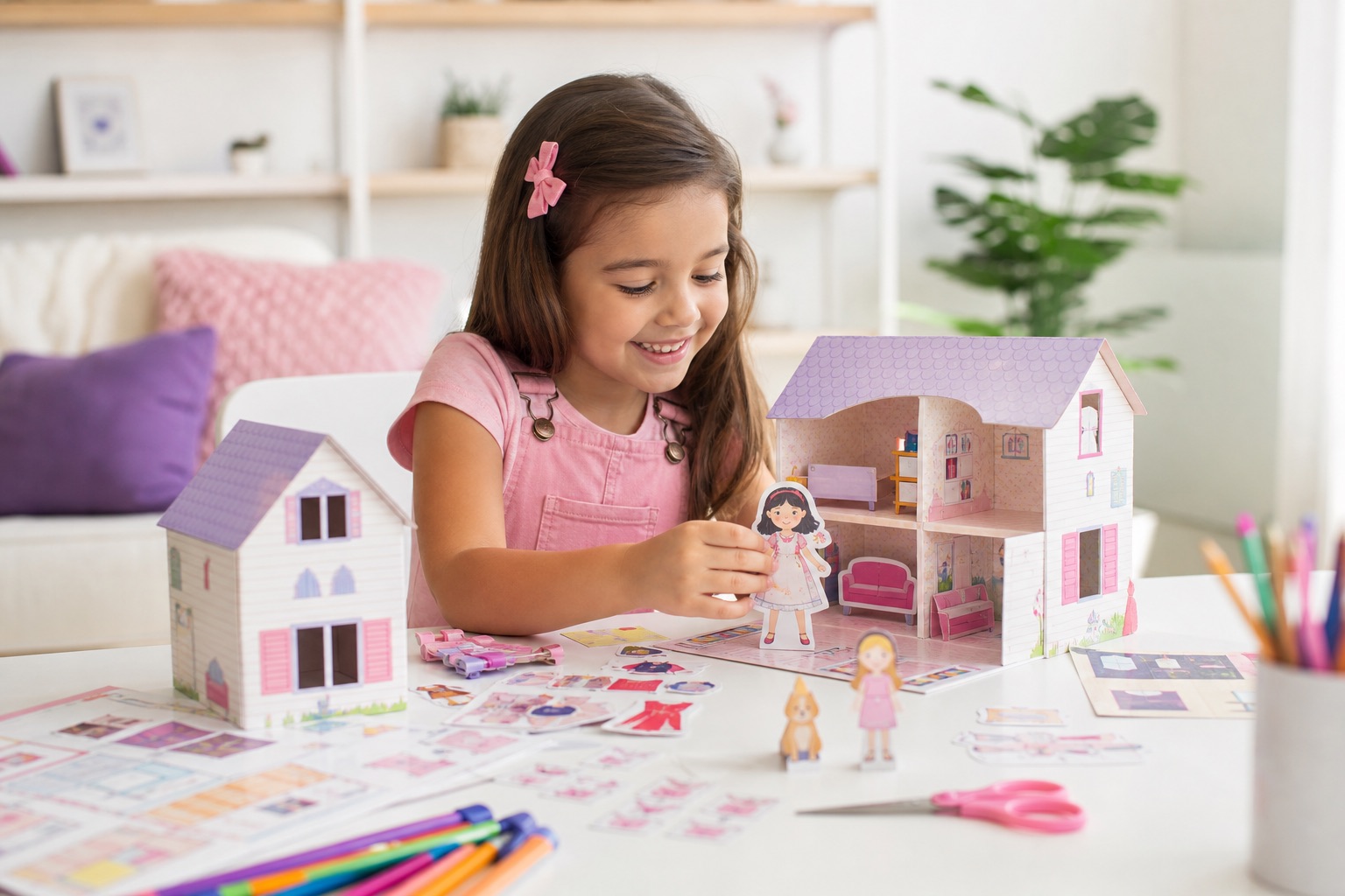 Criança brincando com casinha de papel montada, personagens, roupinhas e folhas impressas