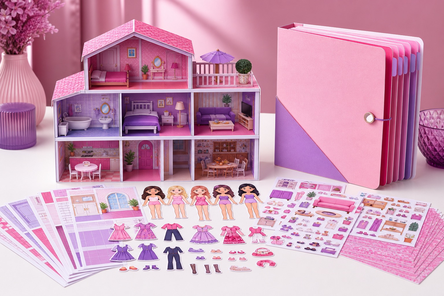 Folhas impressas, casinha montada e acessórios do kit